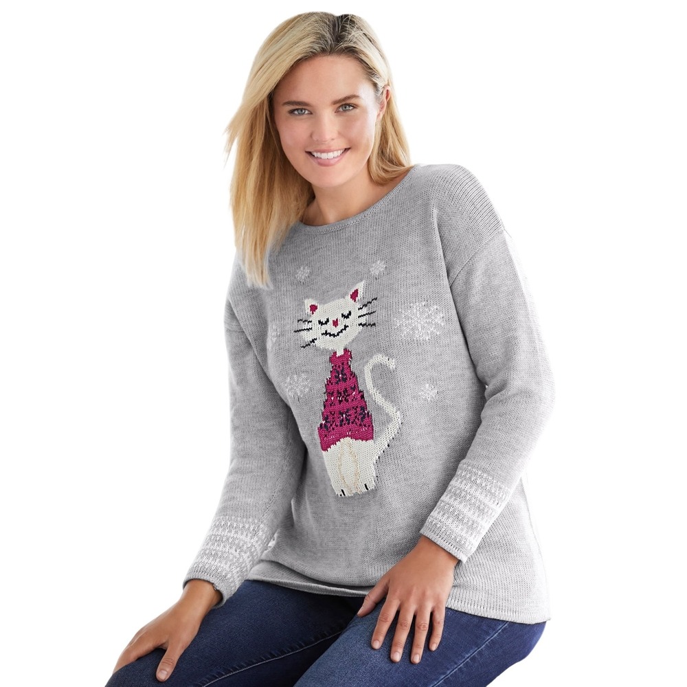 Woman Within Plus Size 3X Sweater‎ 30/32W Gray Cat Knit Holiday Ugly Party 400